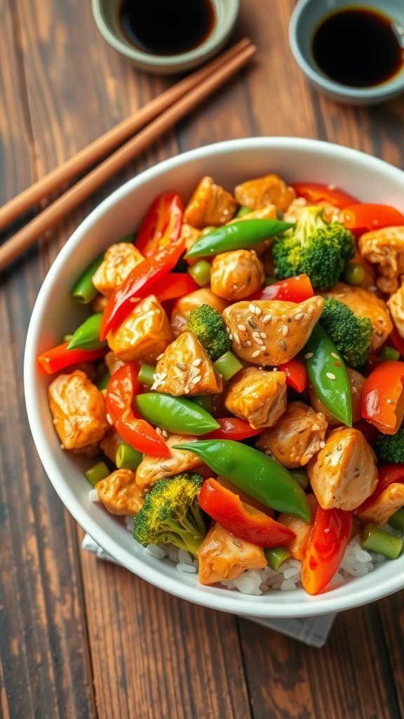 A delicious chicken stir-fry with mixed vegetables over rice, garnished with sesame seeds on a wooden table.